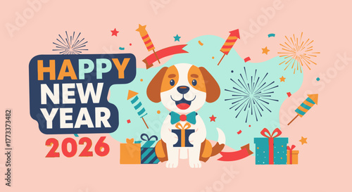 A cheerful cartoon dog celebrates the new year with gifts and fireworks.