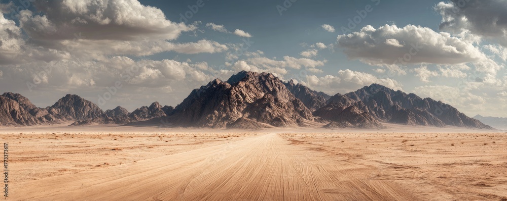 Fototapeta premium Desert scene with a winding road leading toward mountains under a cloudy, dramatic sky