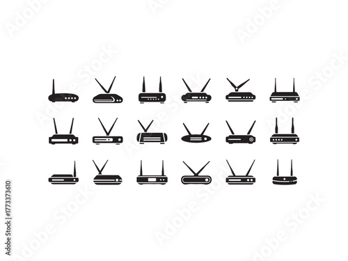 Illustration of collection of black router icons, representing wireless technology and network connectivity for home or office use