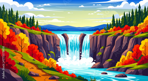 Scenic vector illustration of a majestic waterfall in a vibrant autumn forest landscape with colorful foliage and cliffs