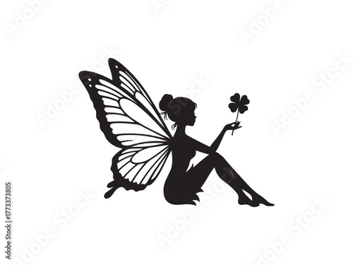 Illustration of silhouette of a fairy sitting and holding a fourleaf clover, a symbol of good luck and fortune