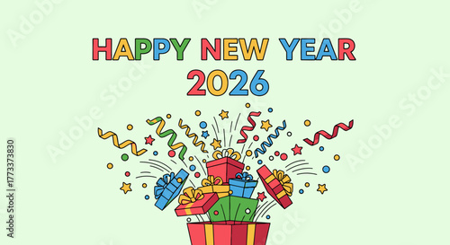 Colorful "Happy New Year 2026" greeting featuring exploding gift boxes and celebratory decorations.