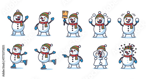 Collection of snowman illustrations in various poses and activities, including throwing snowballs and holding a broom.