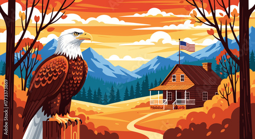 Majestic Bald Eagle Perched in Autumn Landscape with Rustic Cabin and American Flag Under a Vibrant Sky