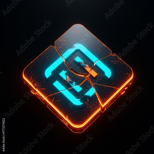 Fototapeta Naklejka Na Ścianę i Meble -  Shattered glowing blue logo orange cracks