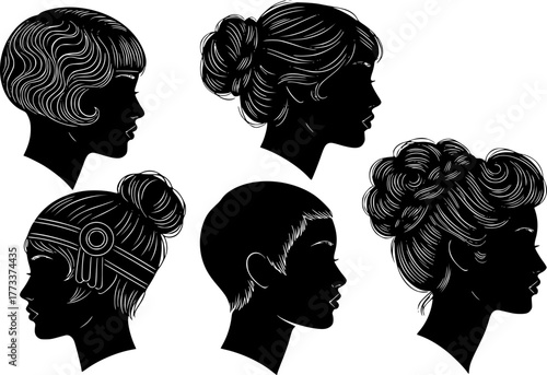Messy hair bun, vector woman silhouette. Beautiful girl set illustration. Female hairstyle.