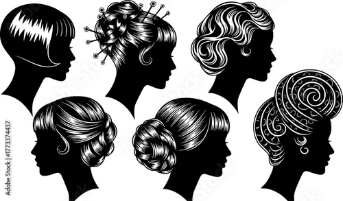 Messy hair bun, vector woman silhouette. Beautiful girl set illustration. Female hairstyle.