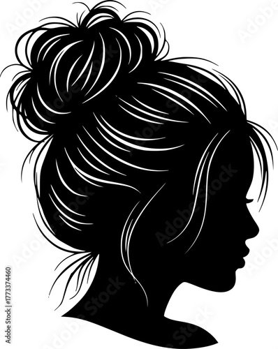 Messy hair bun, vector woman silhouette. Beautiful girl set illustration. Female hairstyle.