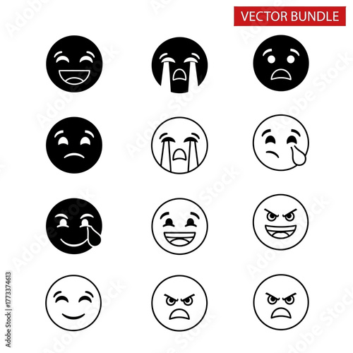 Collection of emotional face emoji icons in two styles.
