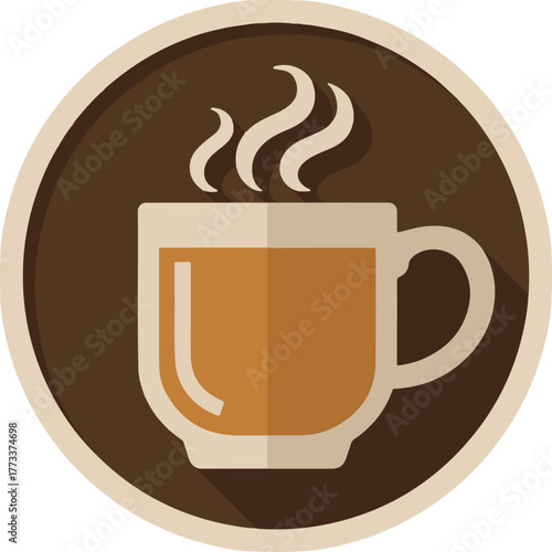 Steaming hot coffee mug vector icon in a circular frame with a modern flat design style and long shadow