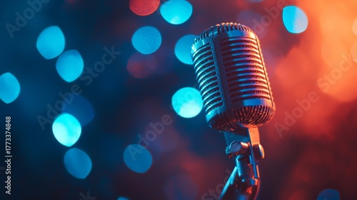 Vintage microphone stands ready on stage with colorful lights in the background during a live music event at night