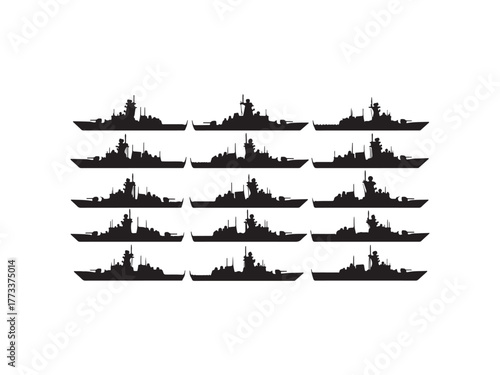Illustration of twelve black silhouettes of warships, symbolizing naval power, maritime defense, and military strength