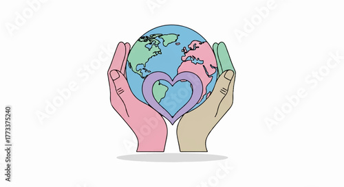 Hands holding the Earth with a heart symbol, representing global care, love, and unity
