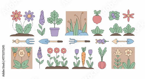 Gardening Icons A Collection of Colorful Illustrations Featuring Tools and Plants in Minimalist Style