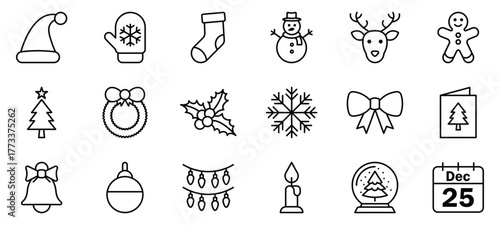 christmas outline icon set collection of holiday symbols winter decoration santa hat snowflake reindeer bell