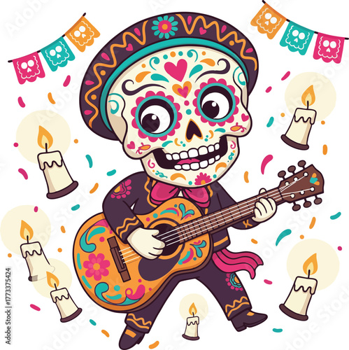 Skeleton Playing Guitar Day of the Dead Mexican Día de los Muertos Celebration Illustration