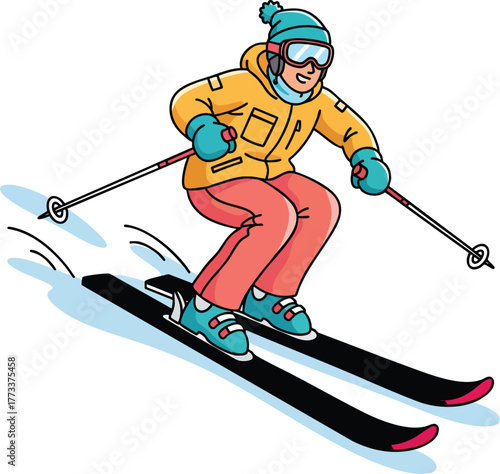 Cartoon skier in a yellow jacket pink pants and blue hat skiing downhill.