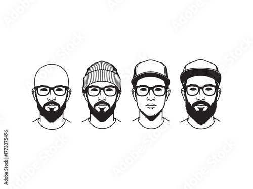 Illustration of diverse mens faces with beards and glasses, showcasing various styles and headwear a line art illustration
