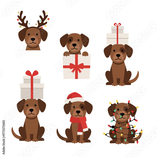 Collection of cute brown dogs in festive Christmas outfits including Santa hat reindeer antlers and holiday lights.
