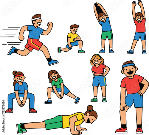 Collection of colorful cartoon people performing various fitness exercises and warmup stretches.