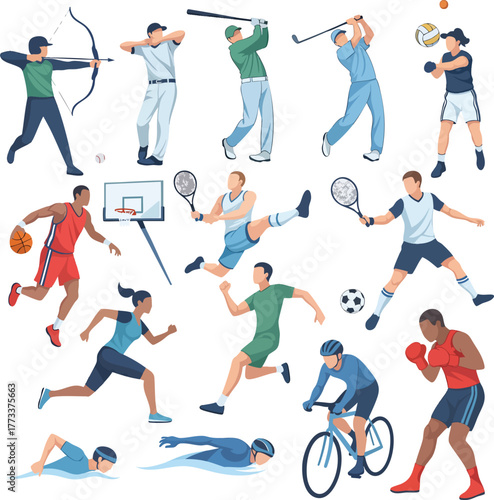 Collection of diverse illustrated athletes in dynamic action poses for various popular sports.