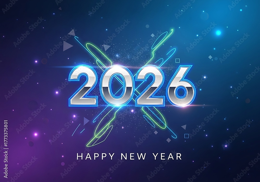 Naklejka premium Happy new year 2026 glowing text cosmic digital celebration