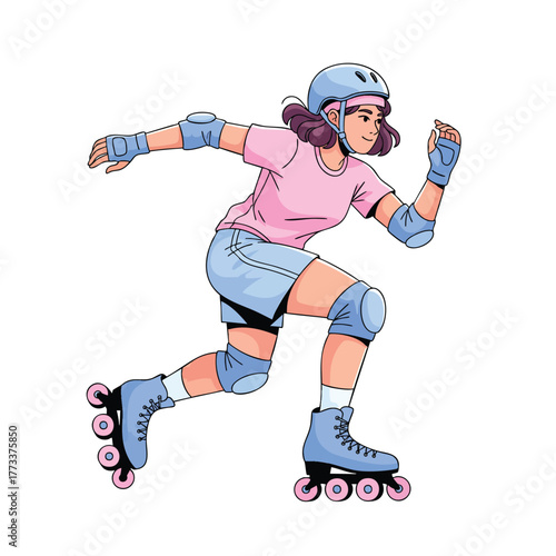 Dynamic animestyle illustration of a girl roller skating with a blue helmet and matching skates.