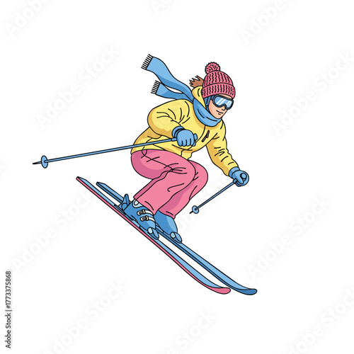 Colorful handdrawn illustration of a person skiing downhill in bright yellow and pink winter gear.
