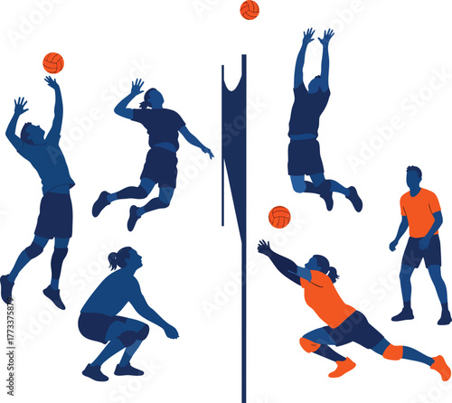 Dynamic blue and orange silhouettes of volleyball players in various action poses like spiking and blocking.