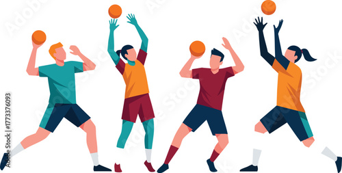 Dynamic flat vector illustration of four diverse athletes in colorful sportswear playing an energetic ball game.