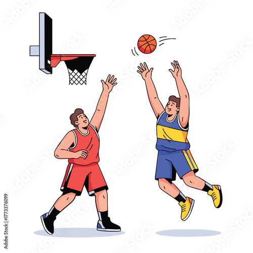 Dynamic illustration of two male basketball players competing one jumping to shoot the ball.