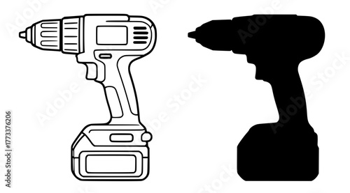 Drilling Machine Vector Illustration, Outline and Silhouette Versions