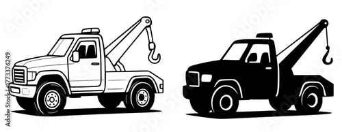 Tow Truck Vector Illustration, Outline and Silhouette Versions