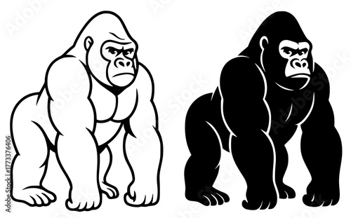 Gorilla Vector Illustration of an Orangutan, Outline and Silhouette Versions
