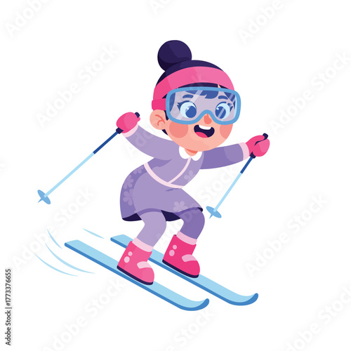 Happy cartoon girl in a purple ski suit and pink boots skiing downhill with a joyful expression.