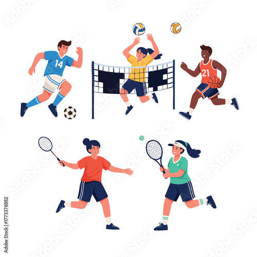 Illustrated collection of diverse young athletes playing soccer volleyball basketball and badminton.