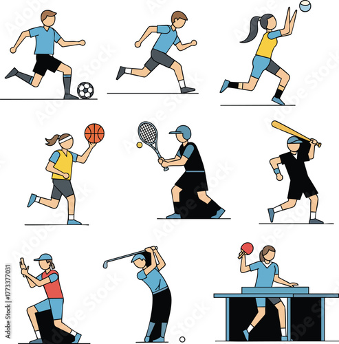 Set of colorful line art illustrations of athletes engaged in various sports activities.