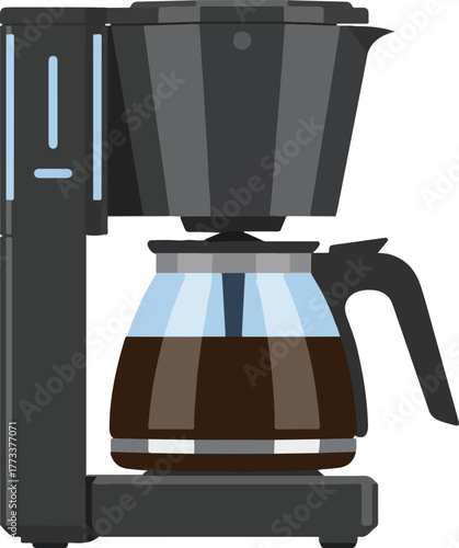 Top-down vector illustration of a modern coffee maker with a dark brown and blue carafe