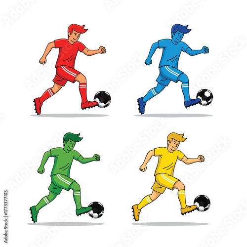 Set of four cartoon soccer players in a dynamic dribbling pose shown in red blue green and yellow color variations.