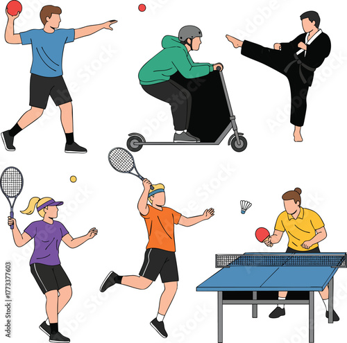 Set of illustrated people in dynamic poses engaged in various sports like tennis martial arts table tennis and riding an electric scooter.