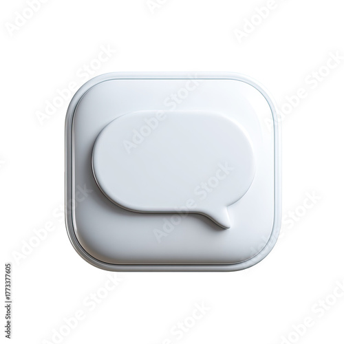 A 3D rendered white speech bubble icon on a black background