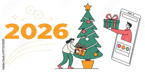 Christmas 2026 online shopping and gift giving celebration with christmas tree and mobile gifts concept