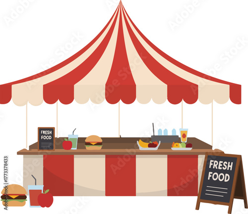 Vector illustration of a vibrant food stall with fresh food sign and red white striped awning