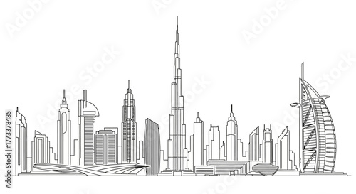 Dubai skyline outline with iconic buildings