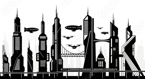 Futuristic cityscape with flying vehicles and elevated train