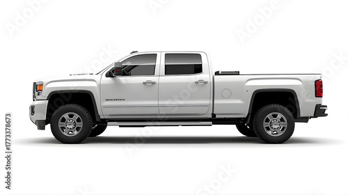 White pickup truck(GMC Sierra)  side profile isolated on a white background.