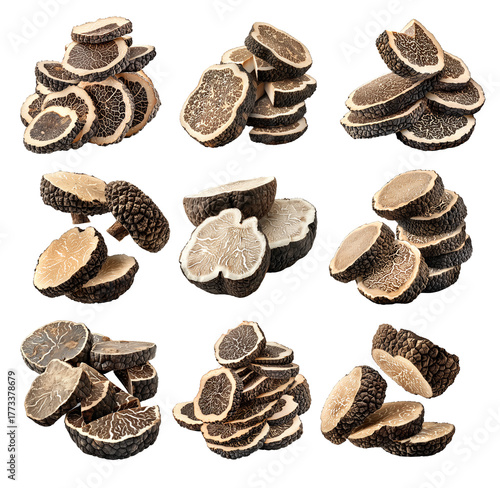 Set of black Himalayan truffles isolated on white transparent background, great for culinary and gourmet themes