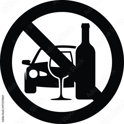 No Drinking and Driving vector sign with black car, wine bottle, and glass silhouettes crossed by bold red prohibition symbol.