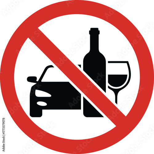 No Drinking and Driving vector sign with black car, wine bottle, and glass silhouettes crossed by bold red prohibition symbol.