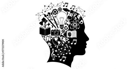 Human head filled with knowledge and creative concepts